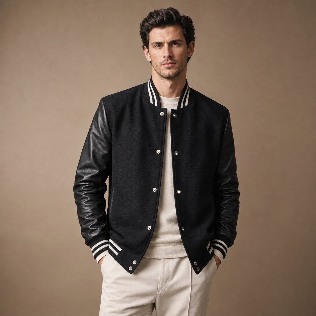 The Titan Black Varsity Wool Leather Jacket For Men Black – Product Photo