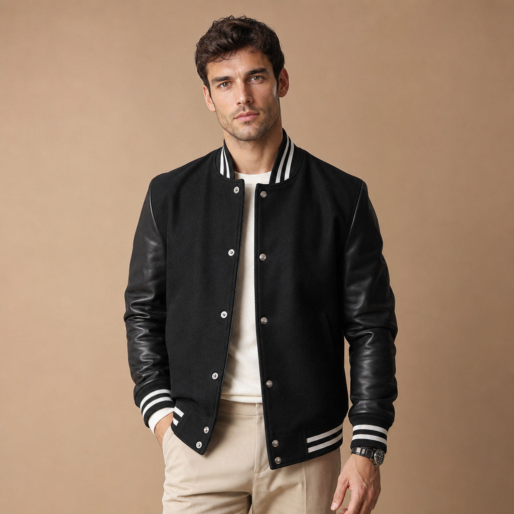The Titan Black Varsity Wool Leather Jacket For Men in Black – Tarlano Premium Menswear