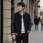 The Titan Black Varsity Wool Leather Jacket For Men Black – Styled Editorial Shot