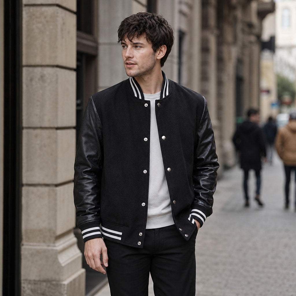 The Titan Black Varsity Wool Leather Jacket For Men Black – Styled Editorial Shot