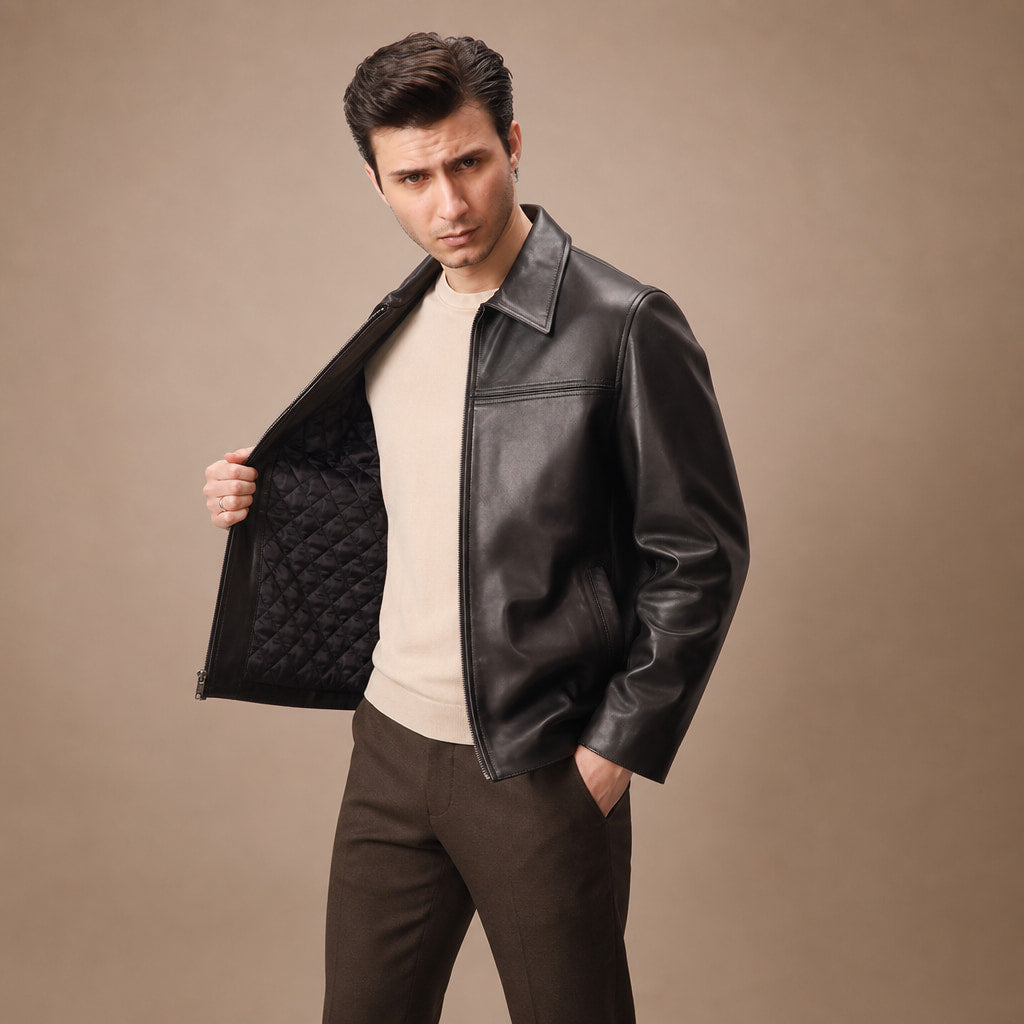 The Tycoon Black Leather Biker Jacket For Men Black – Side Angle View