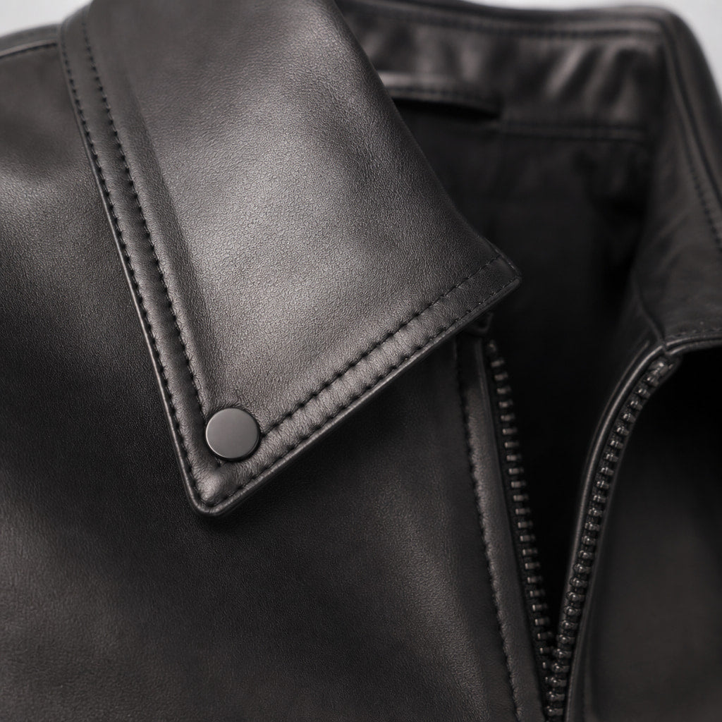 The Tycoon Black Leather Biker Jacket For Men Black – Fabric and Detail Close-Up