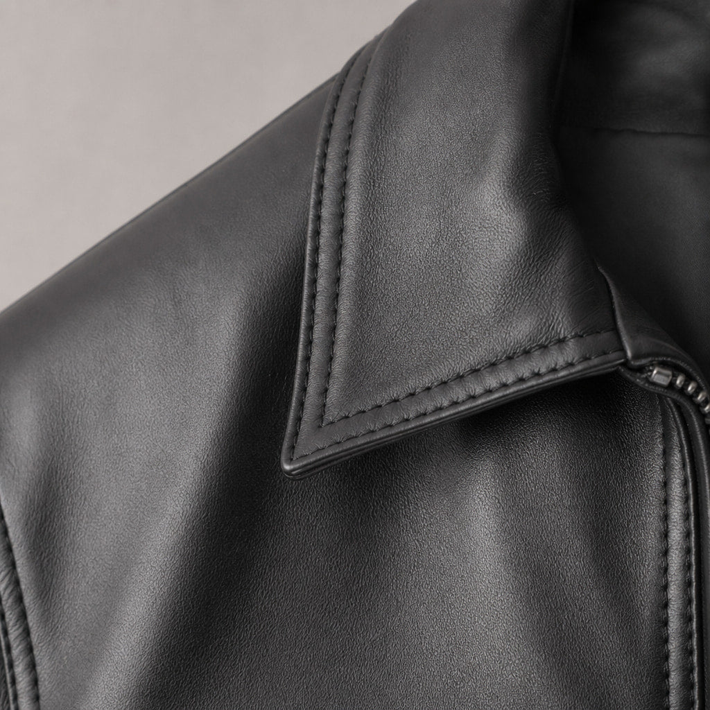 The Tycoon Black Leather Biker Jacket For Men Black – Fabric and Detail Close-Up
