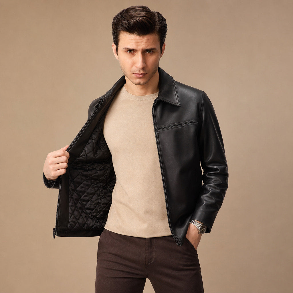 The Tycoon Black Leather Biker Jacket For Men in Black – Tarlano Premium Menswear
