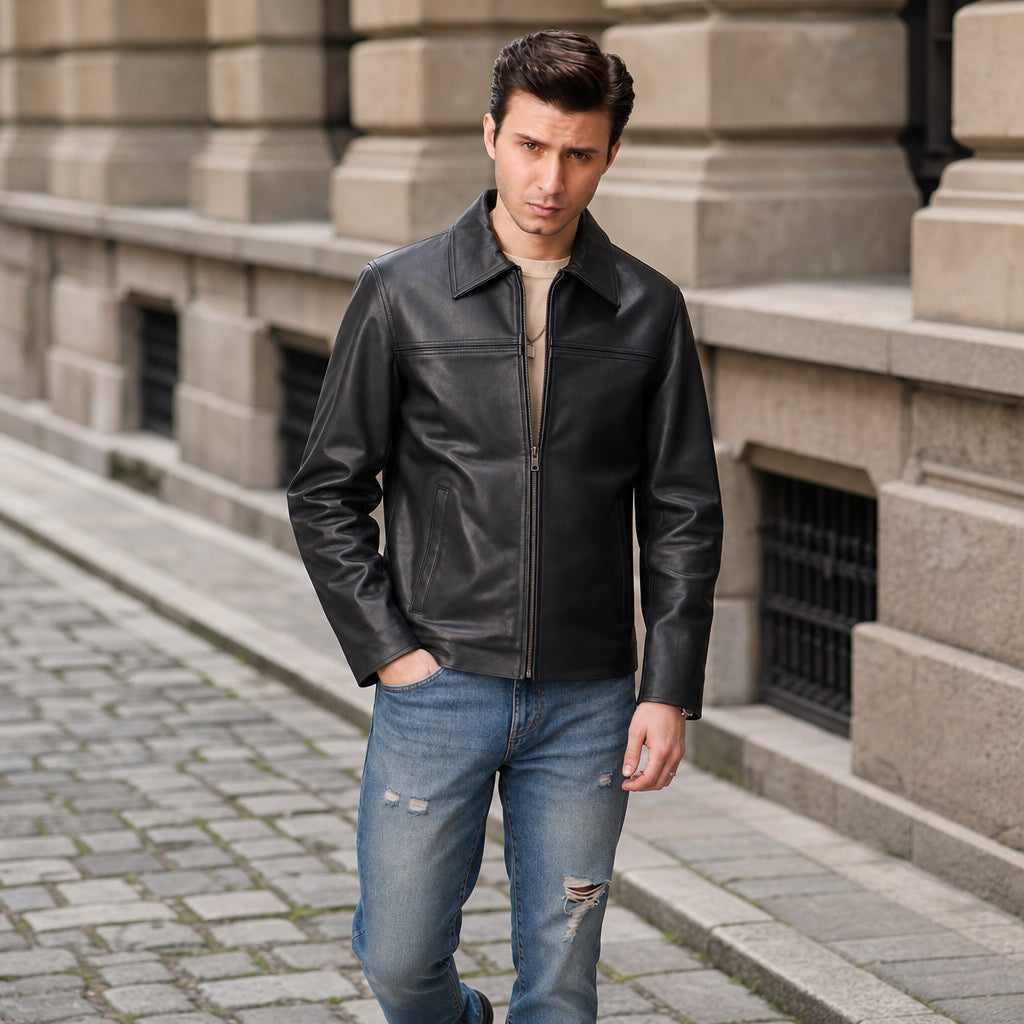 The Tycoon Black Leather Biker Jacket For Men Black – Styled Editorial Shot