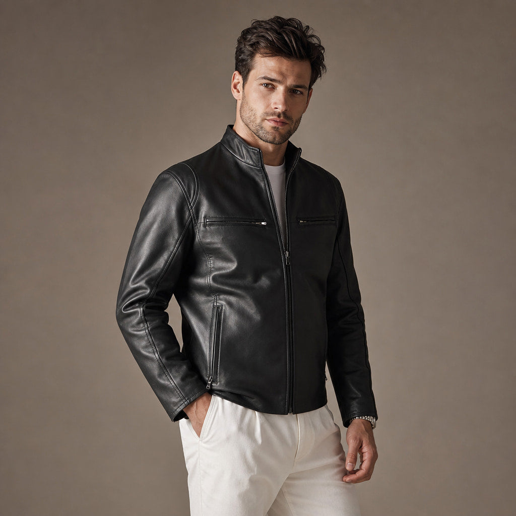 The Wizard Black Leather Cafe Racer Jacket For Men Black – Side Angle View