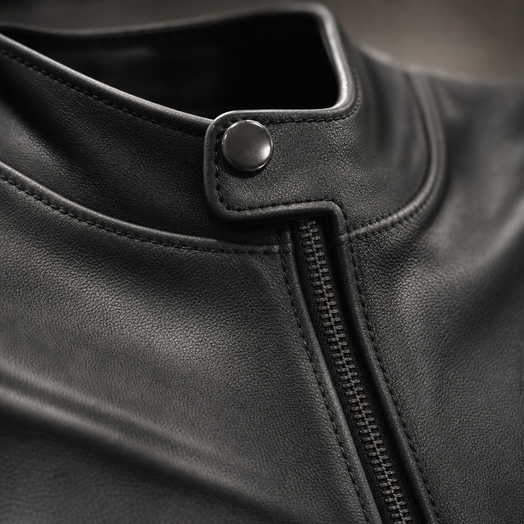 The Wizard Black Leather Cafe Racer Jacket For Men Black – Fabric and Detail Close-Up