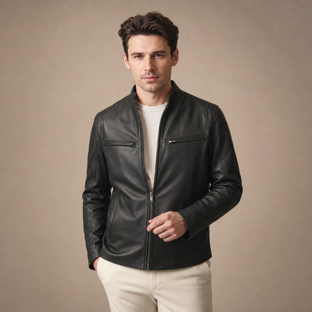 The Wizard Black Leather Cafe Racer Jacket For Men Black – Product Photo