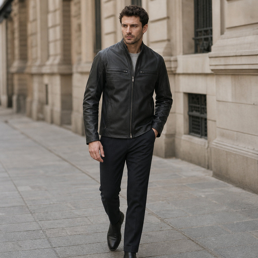 The Wizard Black Leather Cafe Racer Jacket For Men Black – Styled Editorial Shot