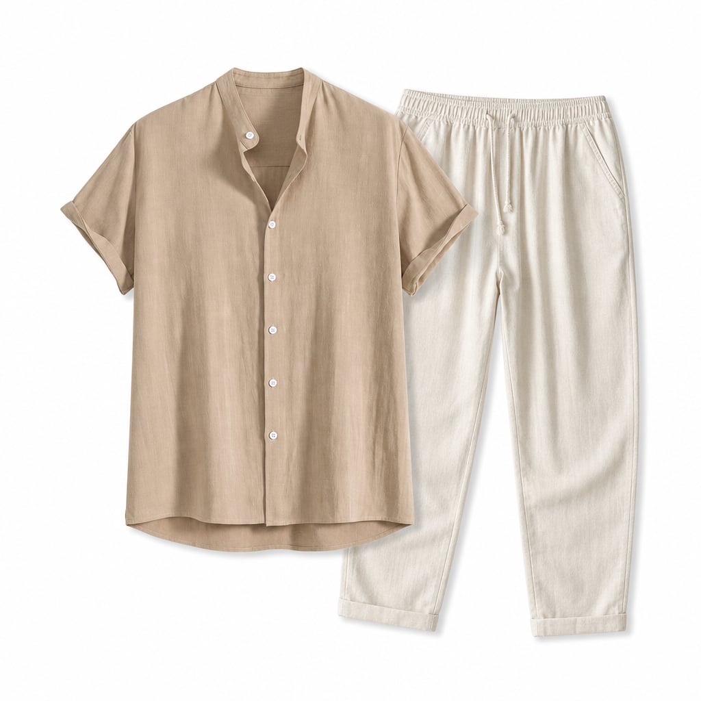 Tracksuit Men Polyester Blend Stand Collar Short Sleeve Set Beige – Product Photo