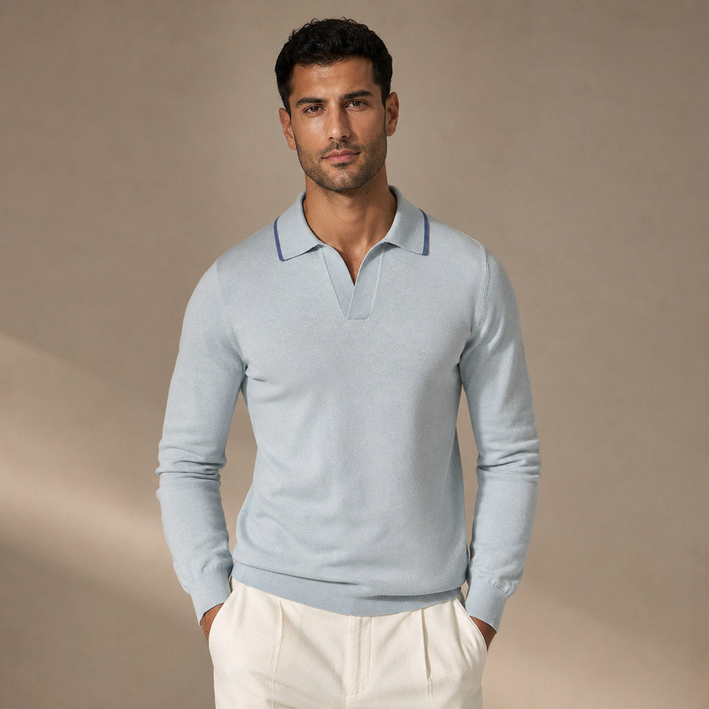 Trani Long-Sleeve Knit Polo in Champagne – Tarlano Premium Menswear
