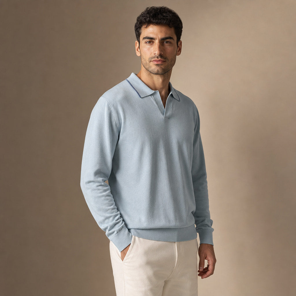 Trani Long-Sleeve Knit Polo Powder Blue – Side Angle View