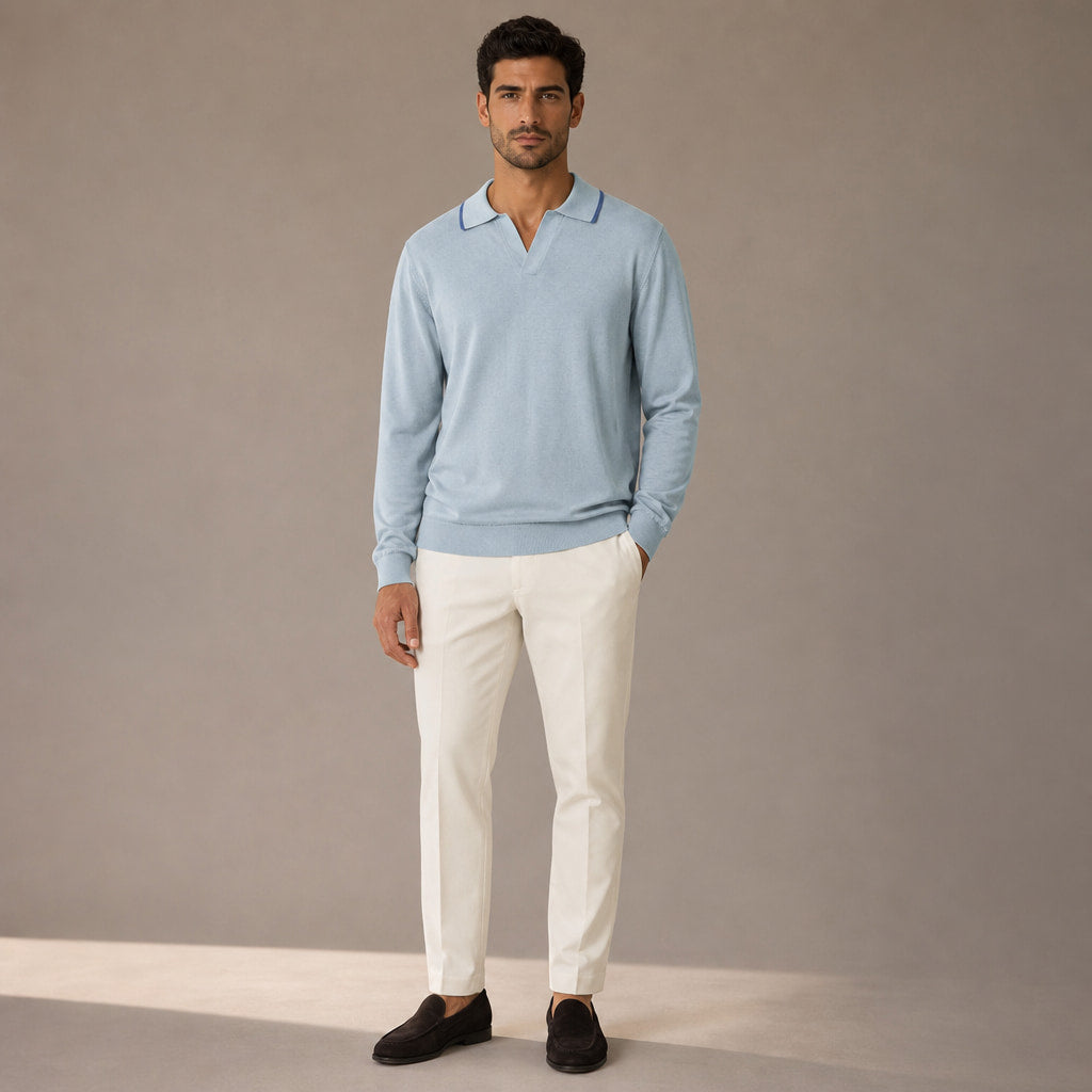 Trani Long-Sleeve Knit Polo Powder Blue – Full Look
