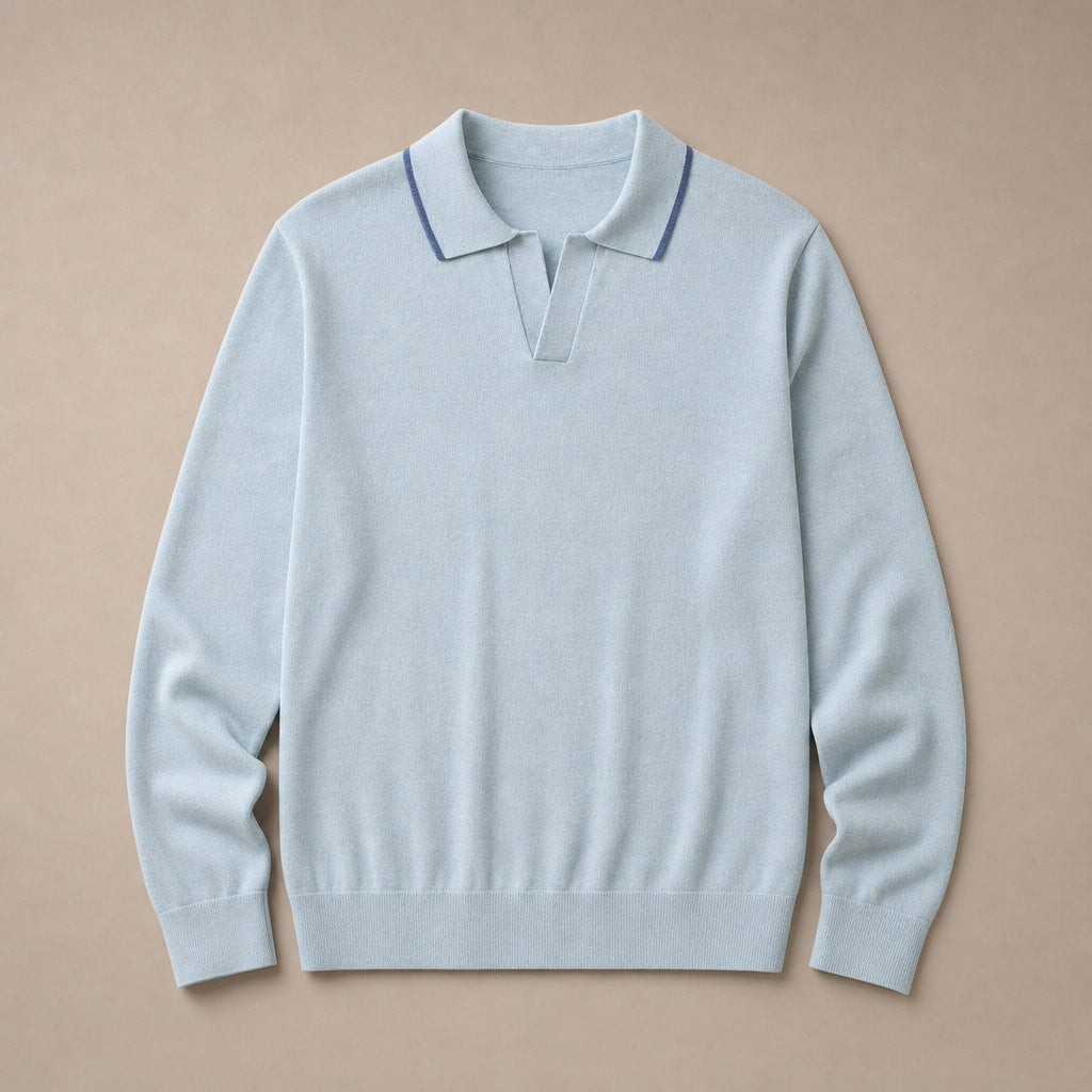 Trani Long-Sleeve Knit Polo Powder Blue – Product Photo