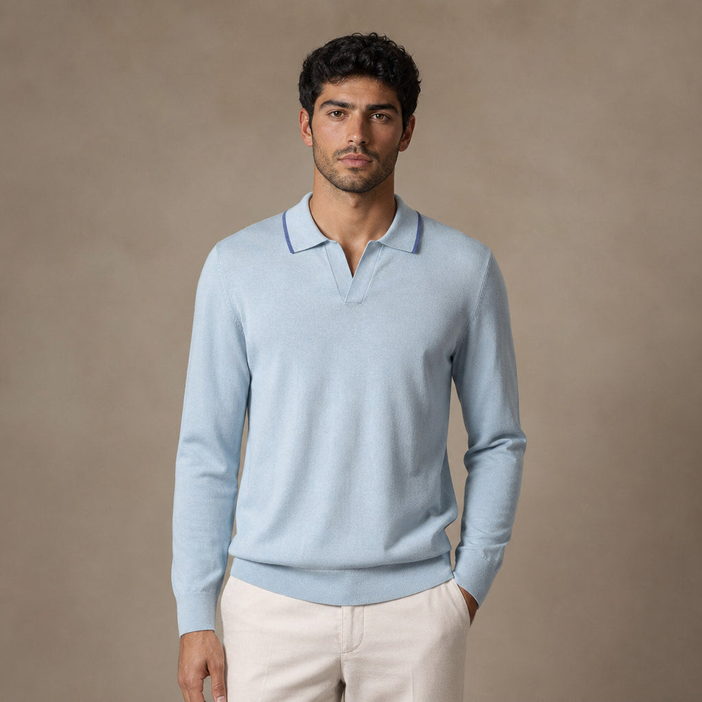 Trani Long-Sleeve Knit Polo in Powder Blue – Tarlano Premium Menswear