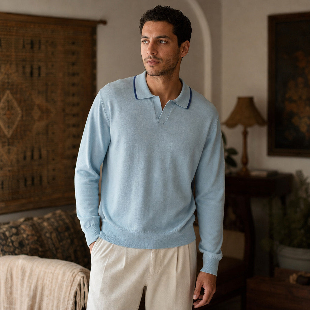 Trani Long-Sleeve Knit Polo Powder Blue – Styled Editorial Shot