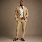 Two-Piece Blazer & Trouser Set Slim Fit Tailored Formal Khaki – Product Photo