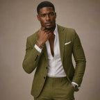 Two-Piece Blazer & Trouser Set Slim Fit Tailored Formal Olive Green – Side Angle View