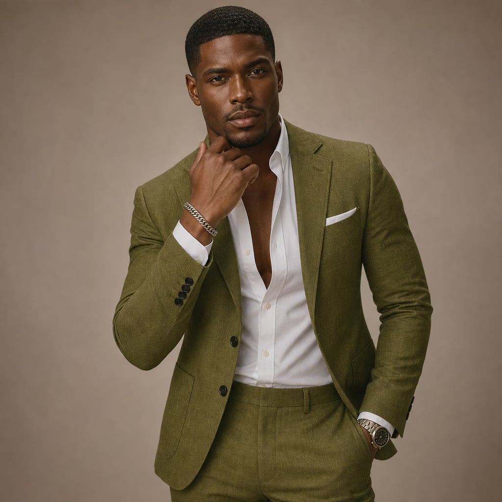 Two-Piece Blazer & Trouser Set Slim Fit Tailored Formal Olive Green – Side Angle View