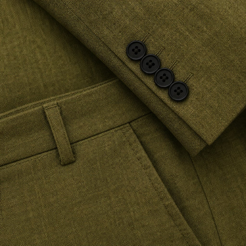 Two-Piece Blazer & Trouser Set Slim Fit Tailored Formal Olive Green – Fabric and Detail Close-Up