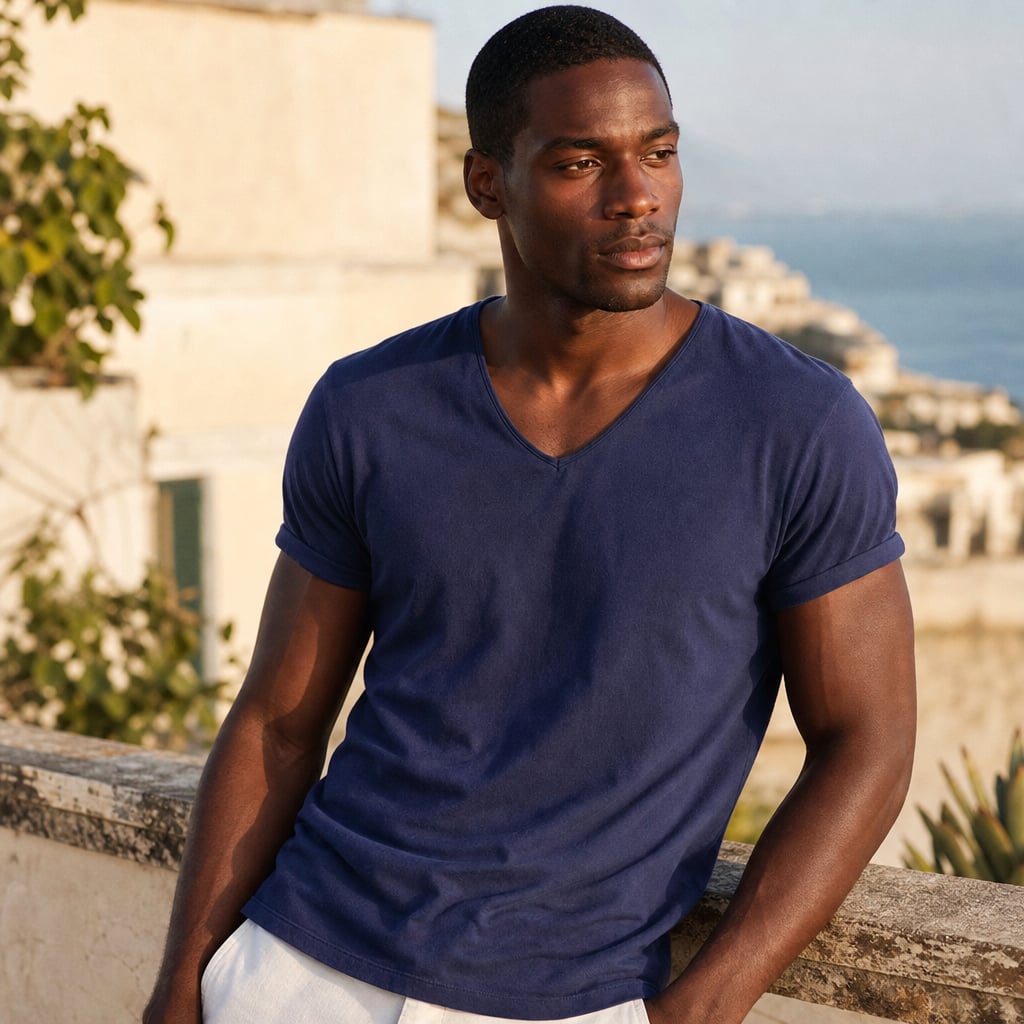 V-Neck Cotton Tee Relaxed Fit Navy blue – Styled Editorial Shot