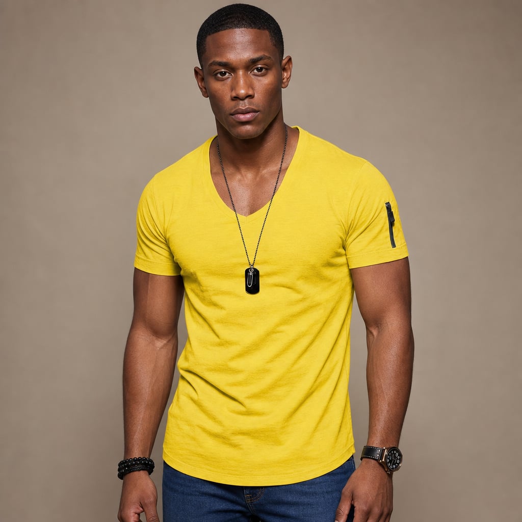 V-Neck Muscle Tee Stretch Fabric Slim Fit in Yellow – Tarlano Premium Menswear