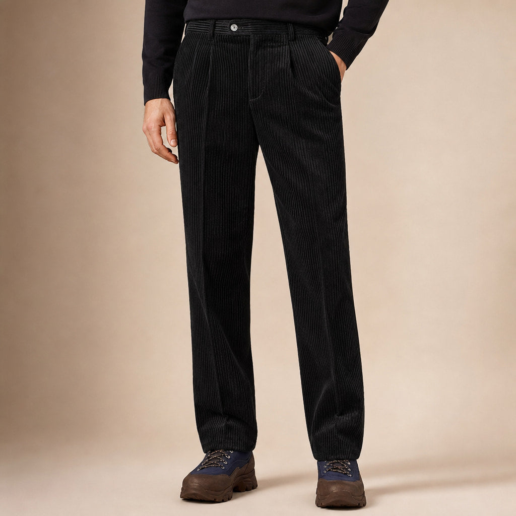 Corduroy Pants Pleated Front Classic Fit Black – Product Photo