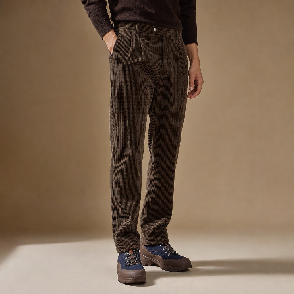 Corduroy Pants Pleated Front Classic Fit Brown – Side Angle View