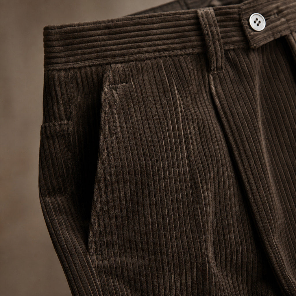 Corduroy Pants Pleated Front Classic Fit Brown – Fabric and Detail Close-Up