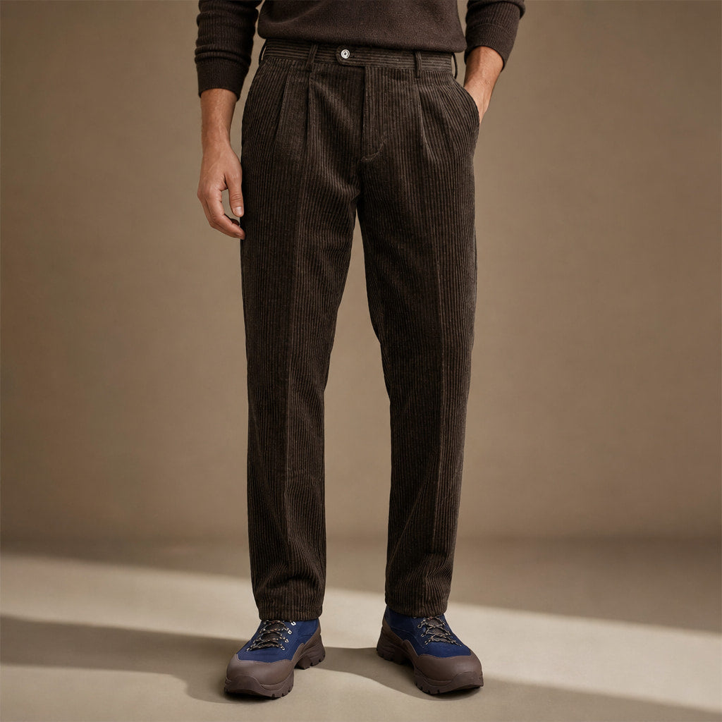 Corduroy Pants Pleated Front Classic Fit Brown – Product Photo