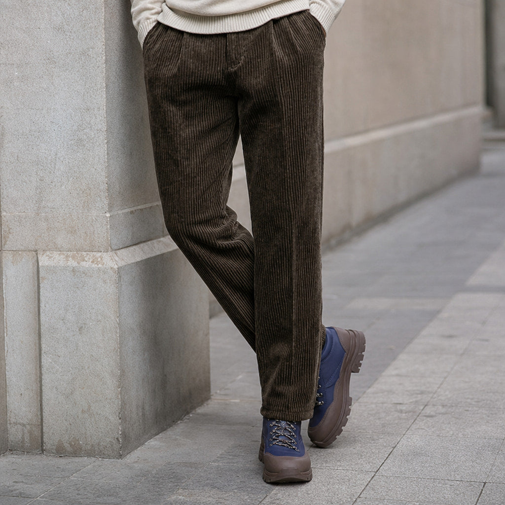 Corduroy Pants Pleated Front Classic Fit Brown – Styled Editorial Shot