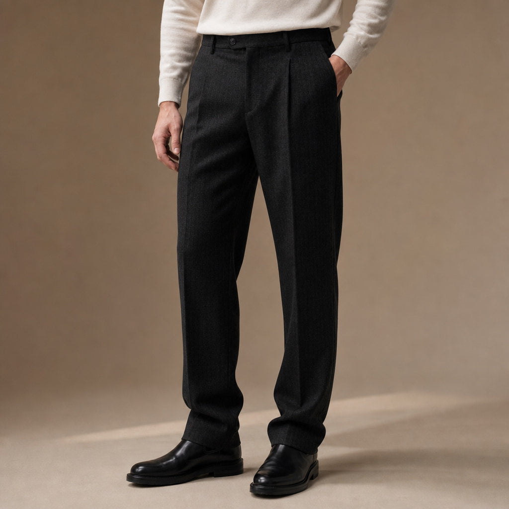 Dress Pants Herringbone Pleated Front Black – Product Photo