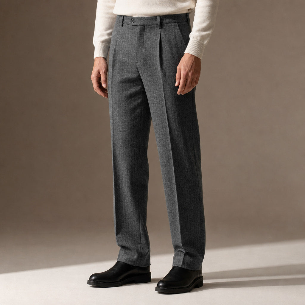 Dress Pants Herringbone Pleated Front Dark Grey – Side Angle View