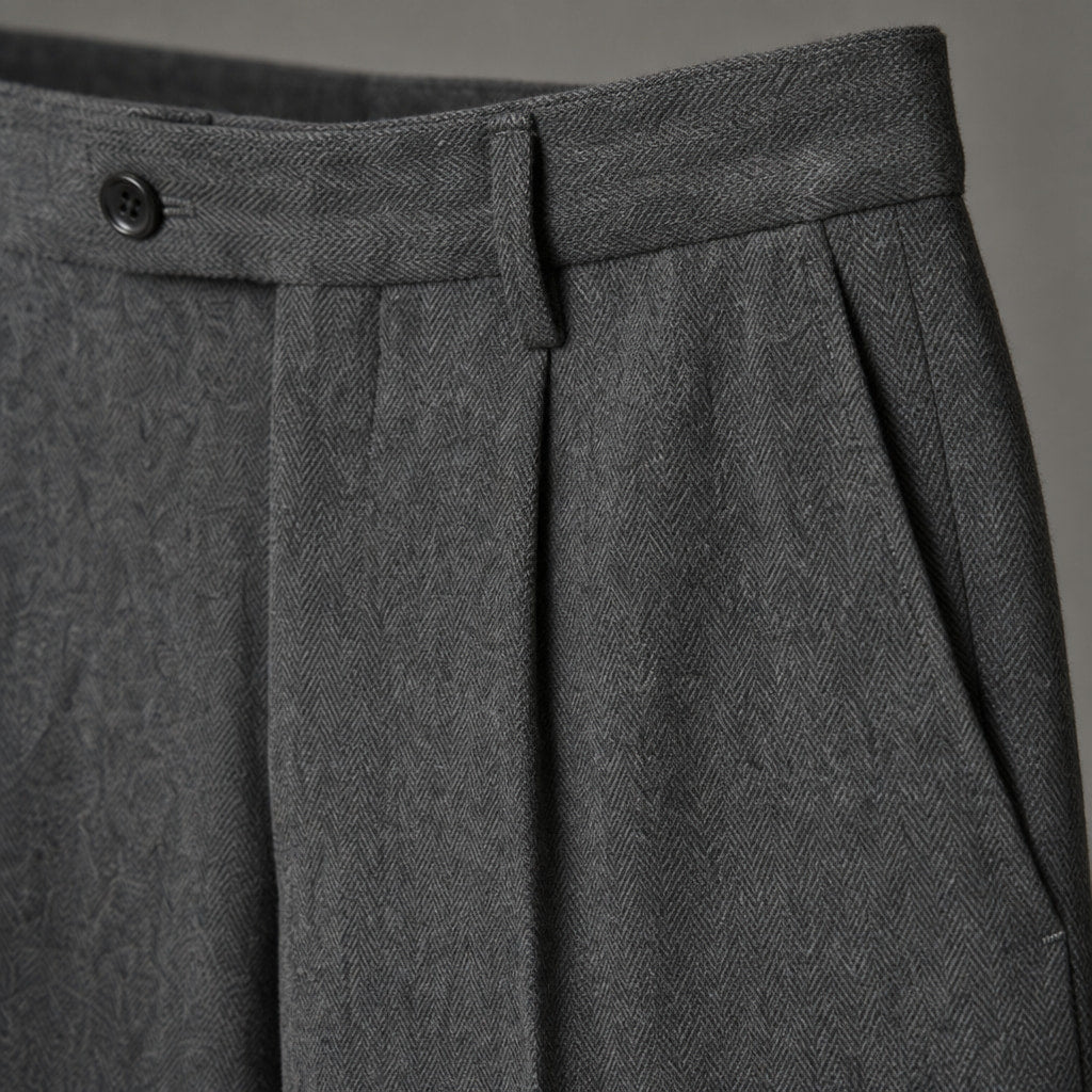 Dress Pants Herringbone Pleated Front Dark Grey – Fabric and Detail Close-Up