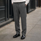 Dress Pants Herringbone Pleated Front Dark Grey – Styled Editorial Shot