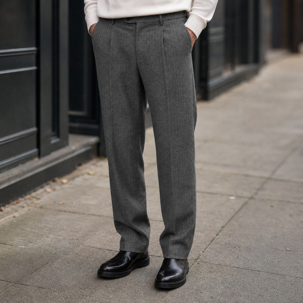 Dress Pants Herringbone Pleated Front Dark Grey – Styled Editorial Shot