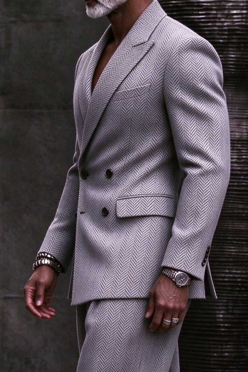 Varden | Double Breasted Suit Herringbone Light Gray – Styled Editorial Shot