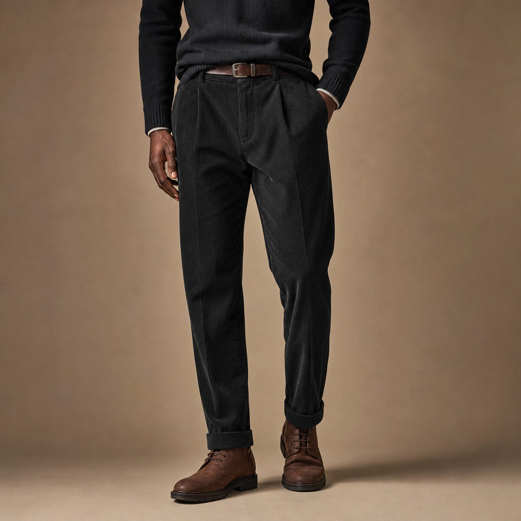 Corduroy Pants Pleated Front Black – Product Photo