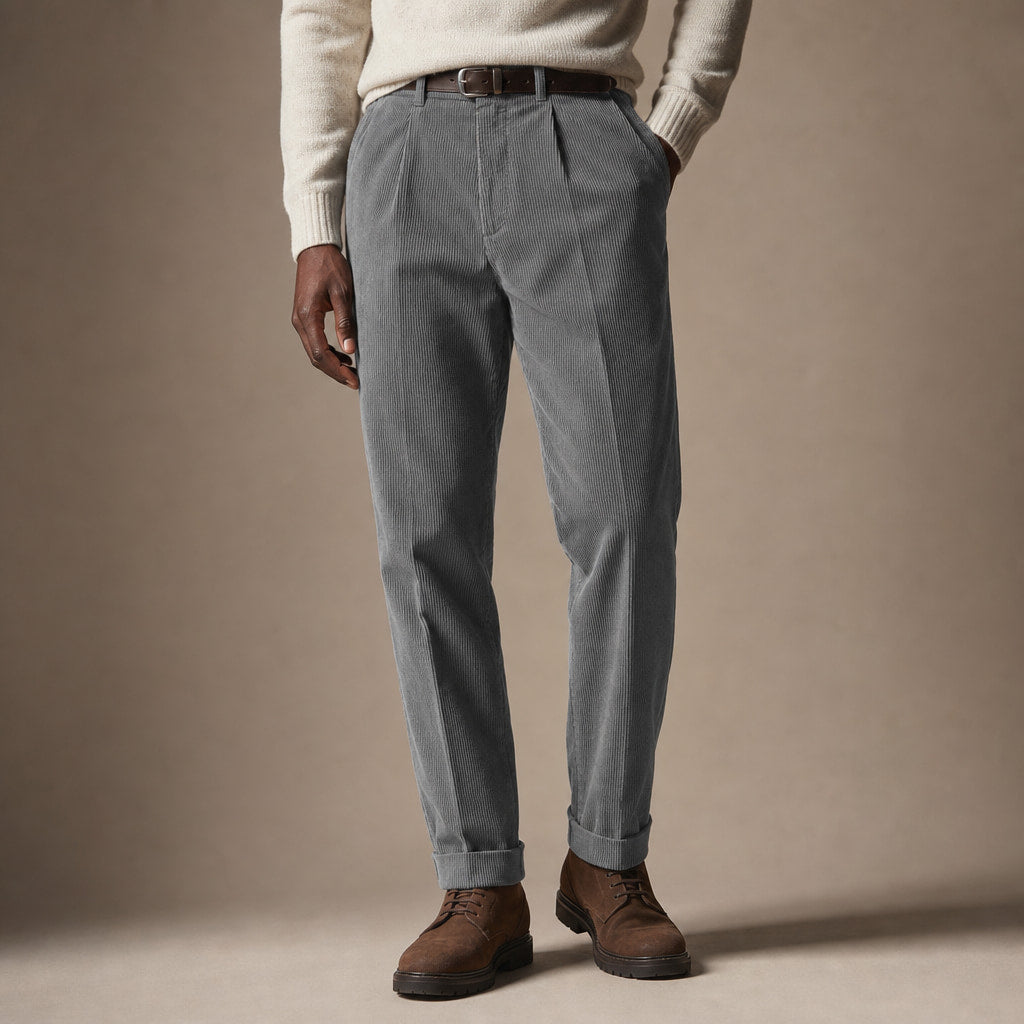 Corduroy Pants Pleated Front Grey – Product Photo