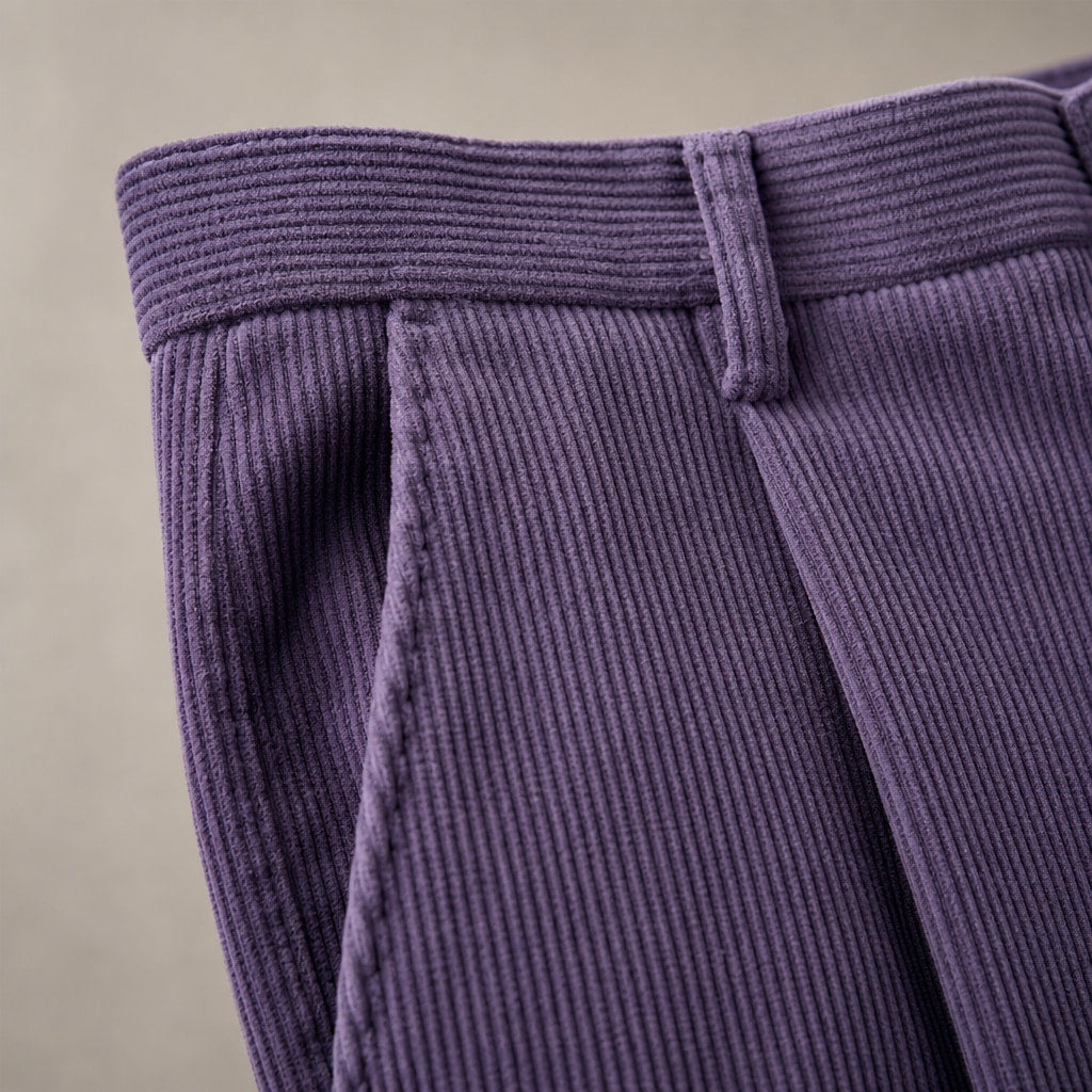 Corduroy Pants Pleated Front Purple – Fabric and Detail Close-Up