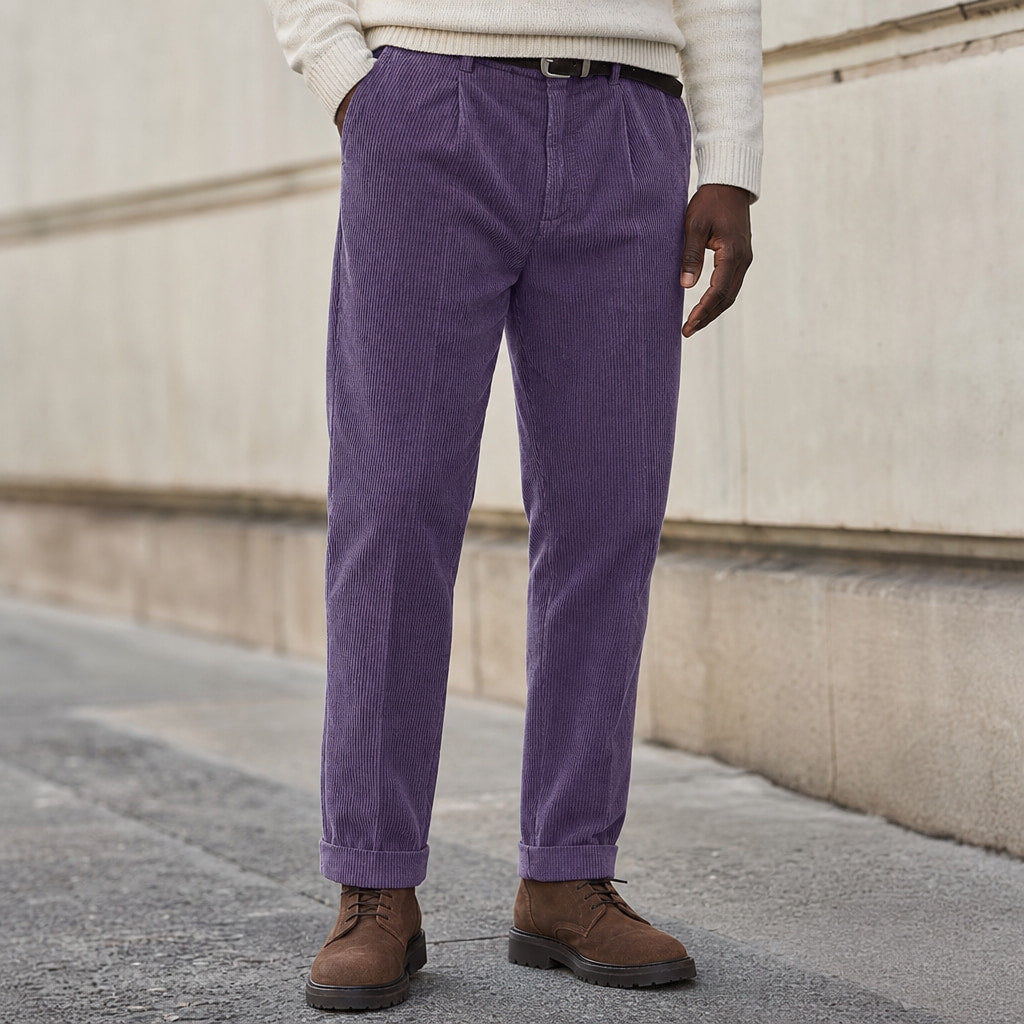 Corduroy Pants Pleated Front Purple – Styled Editorial Shot