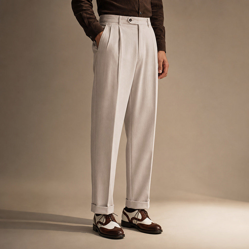 Dress Pants Pleated Front Cuffed Hem Beige – Side Angle View