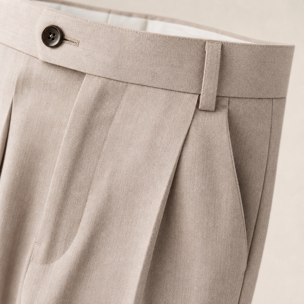 Dress Pants Pleated Front Cuffed Hem Beige – Fabric and Detail Close-Up