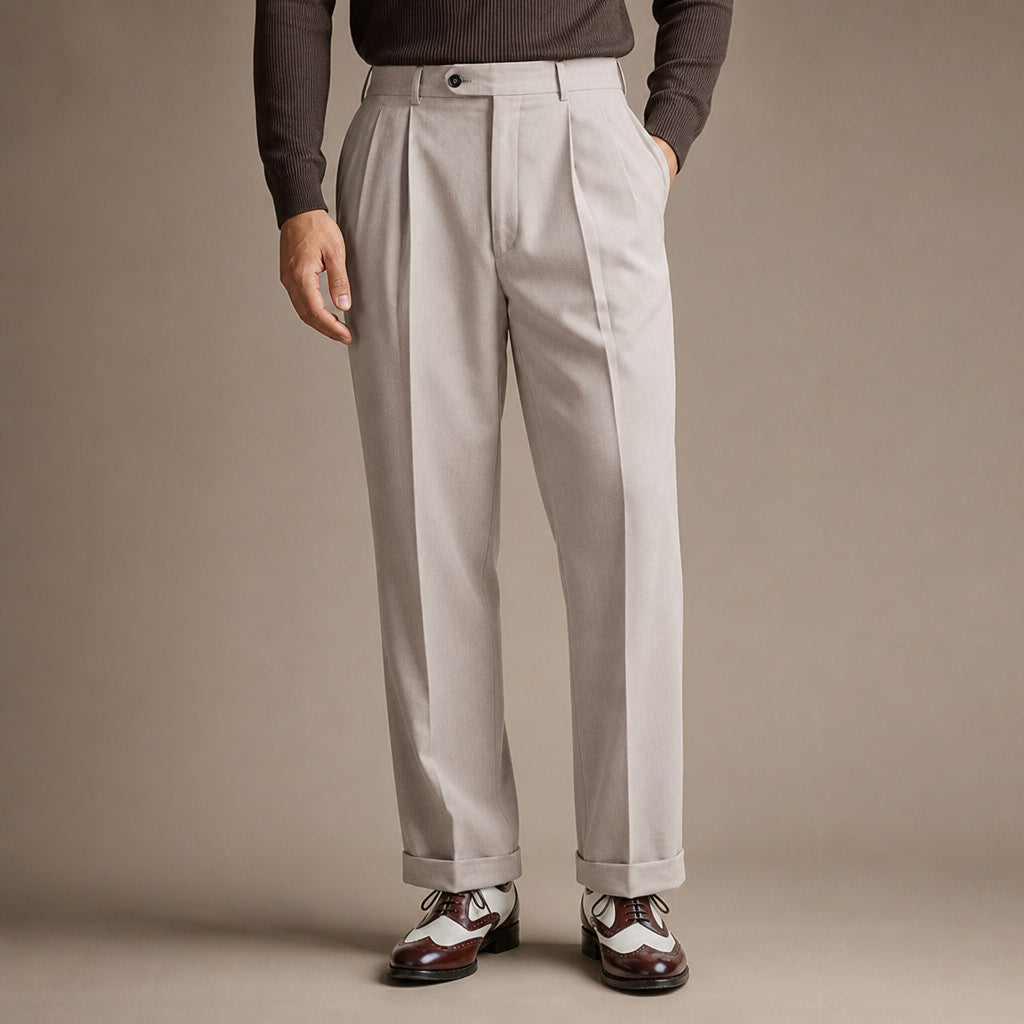 Dress Pants Pleated Front Cuffed Hem Beige – Product Photo