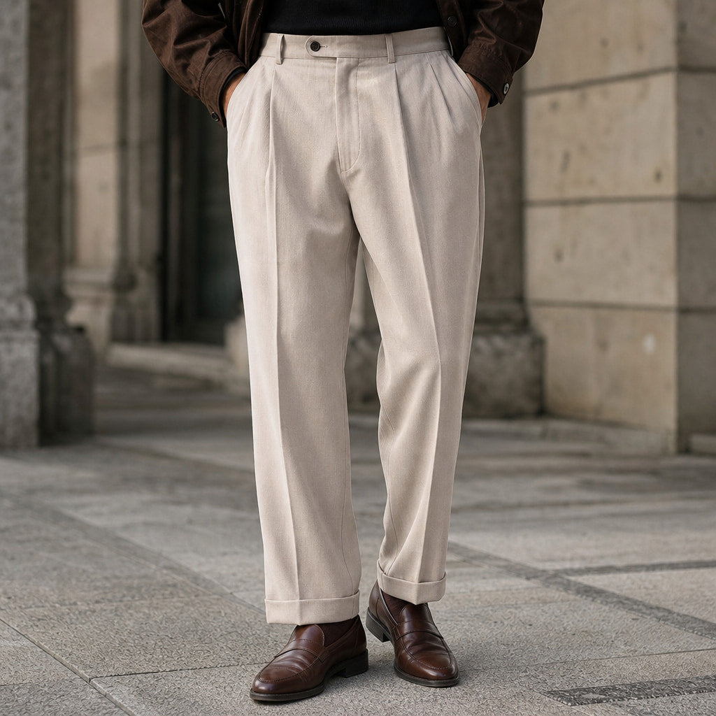 Dress Pants Pleated Front Cuffed Hem Beige – Styled Editorial Shot
