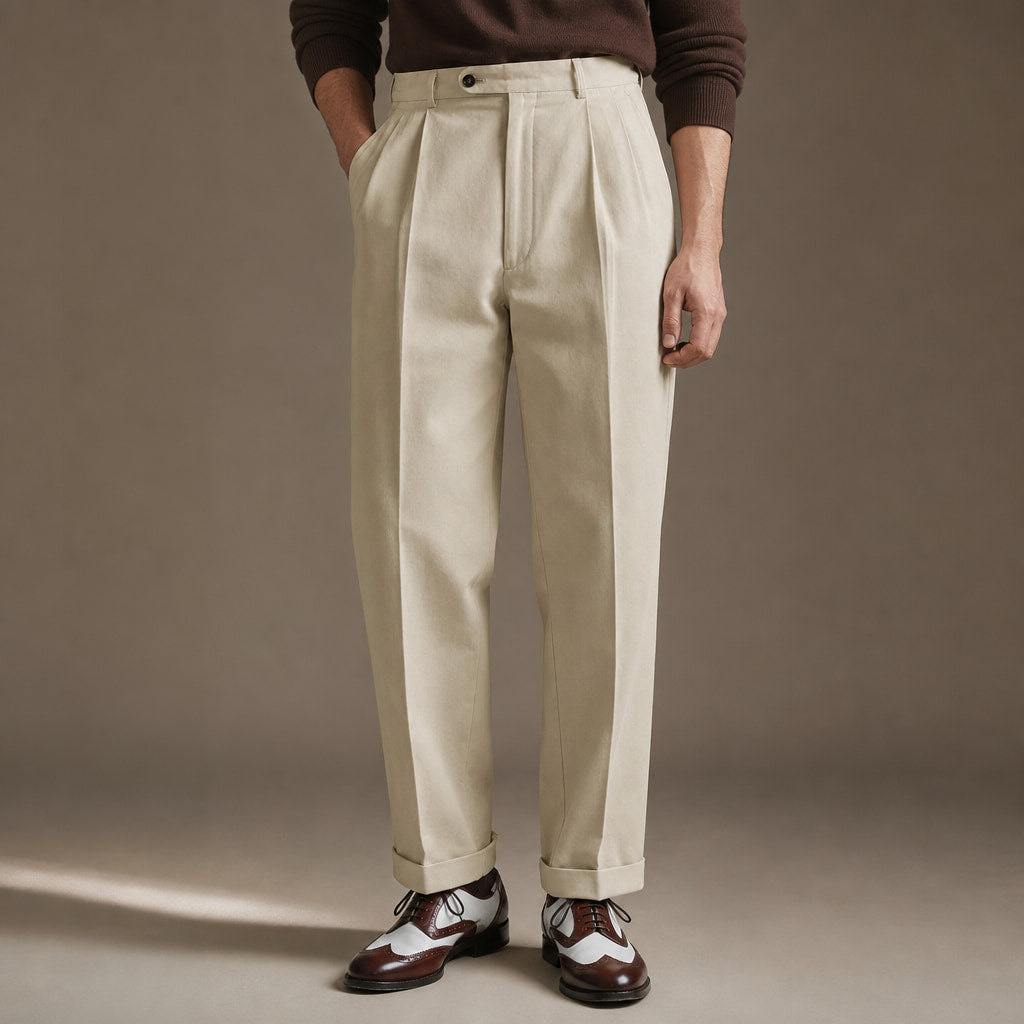 Dress Pants Pleated Front Cuffed Hem Khaki – Product Photo