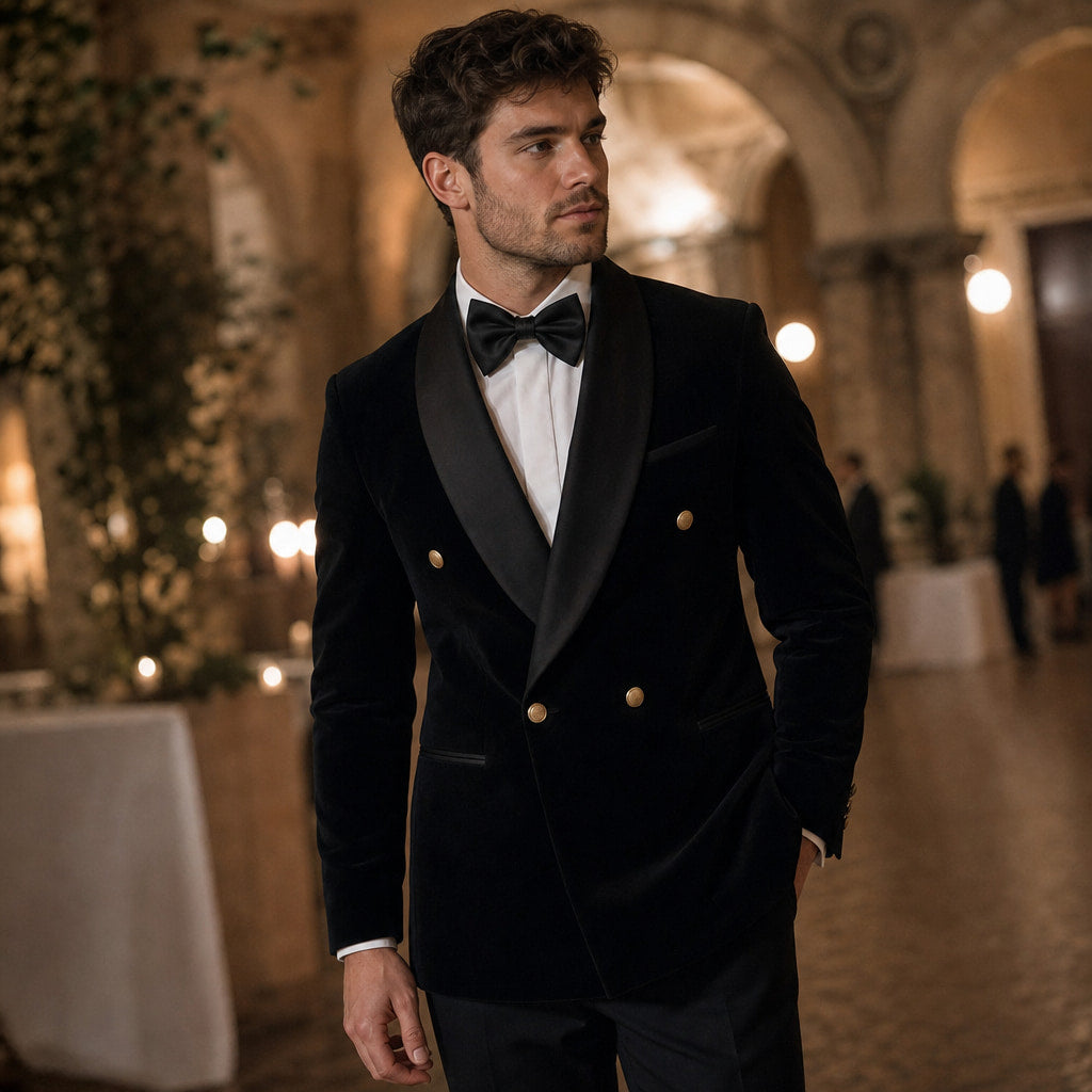 Velvet Tuxedo Jacket Shawl Lapel Black – Styled Editorial Shot