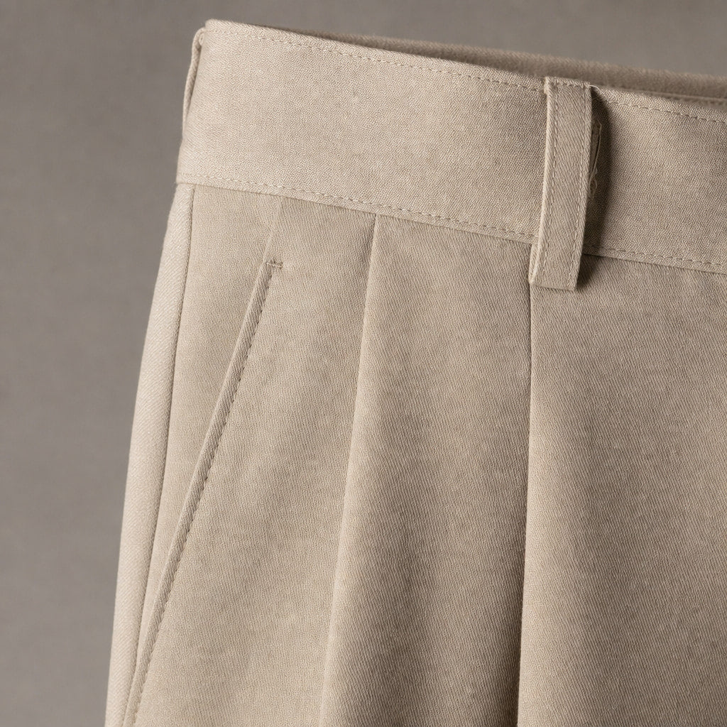 Pleated Trouser Cuffed Hem Khaki – Fabric and Detail Close-Up
