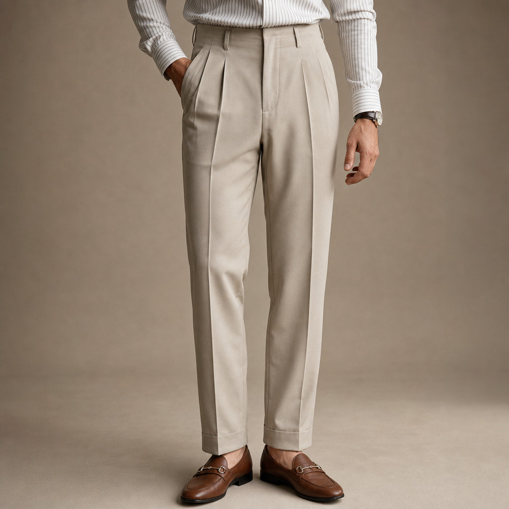 Pleated Trouser Cuffed Hem Khaki – Product Photo
