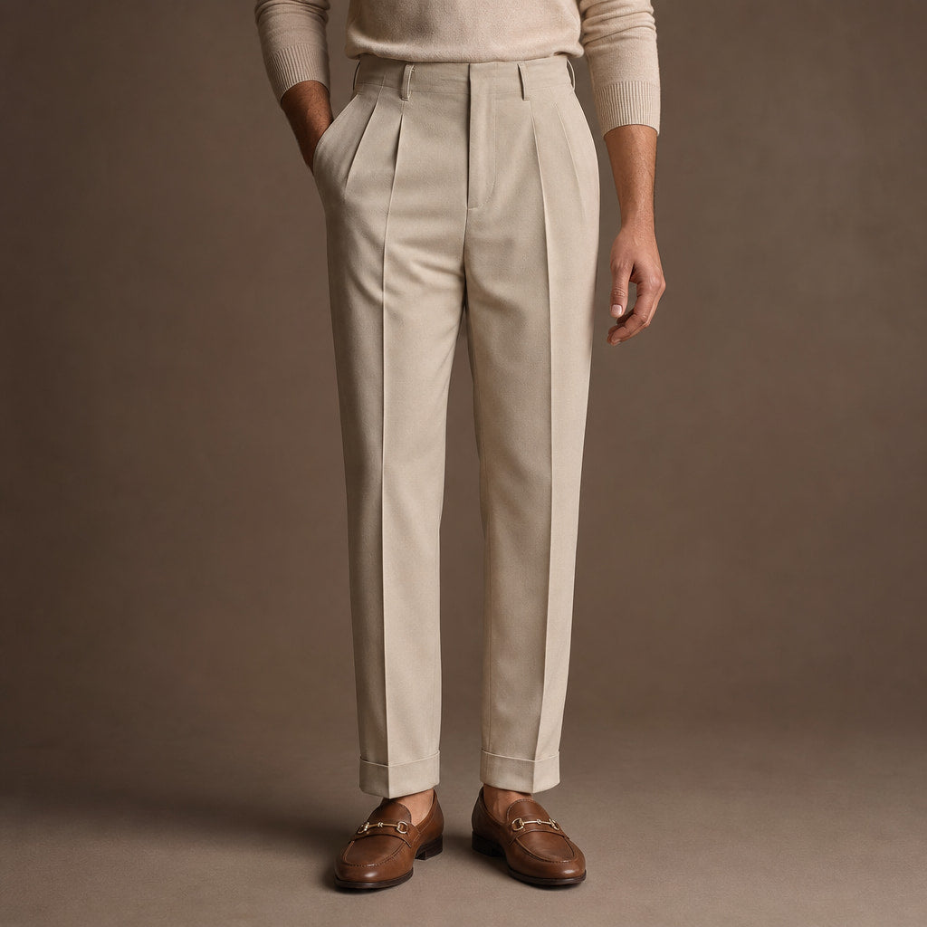 Pleated Trouser Cuffed Hem in Khaki – Tarlano Premium Menswear